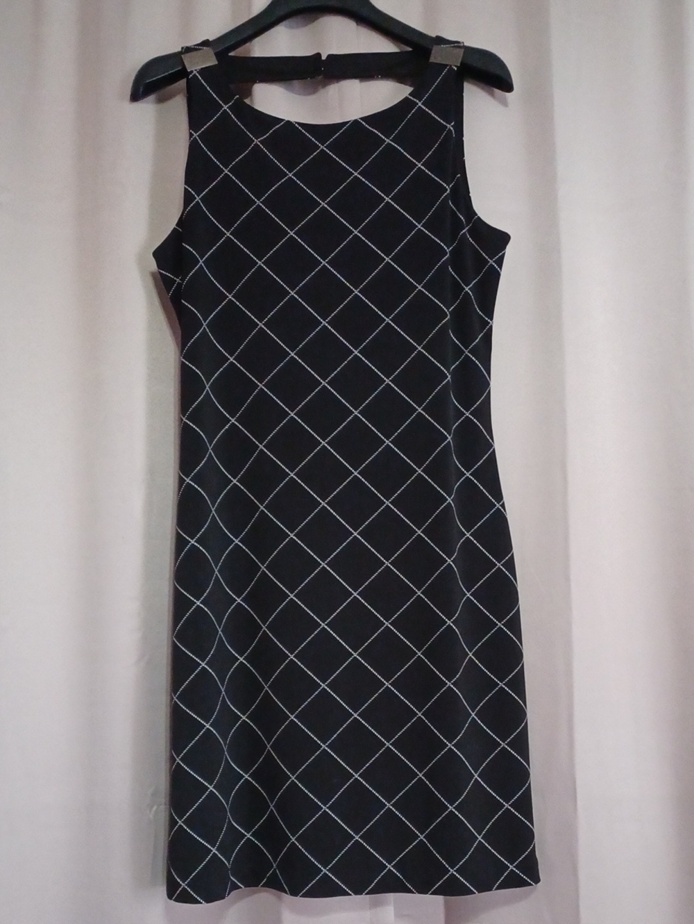 WHBM Black White Windowpane Grid Shift Dress Metal Accent Shoulder Size M